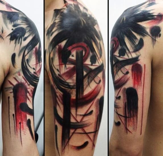 Abstract Paint Brush Stroke Male Red And Black Tattoo Ideas On Arm