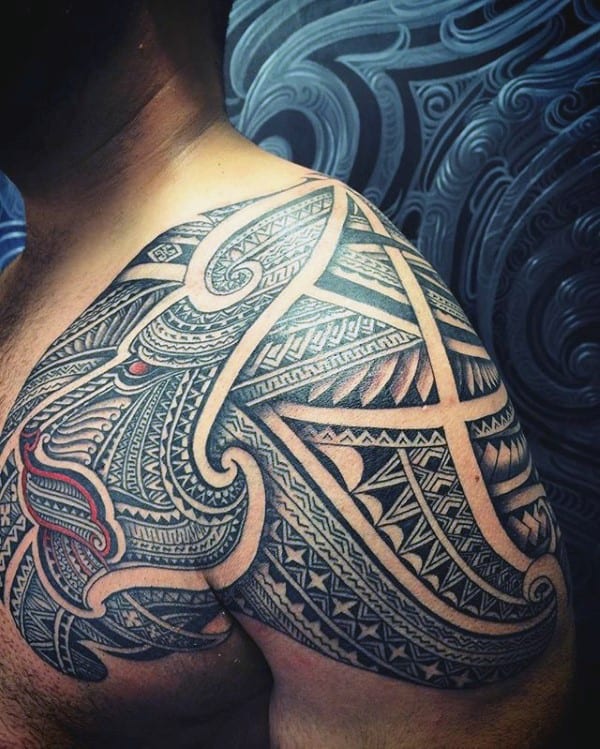 Abstract Portrait Figure Samoan Mens Tribal Shoulder And Chest Tattoos