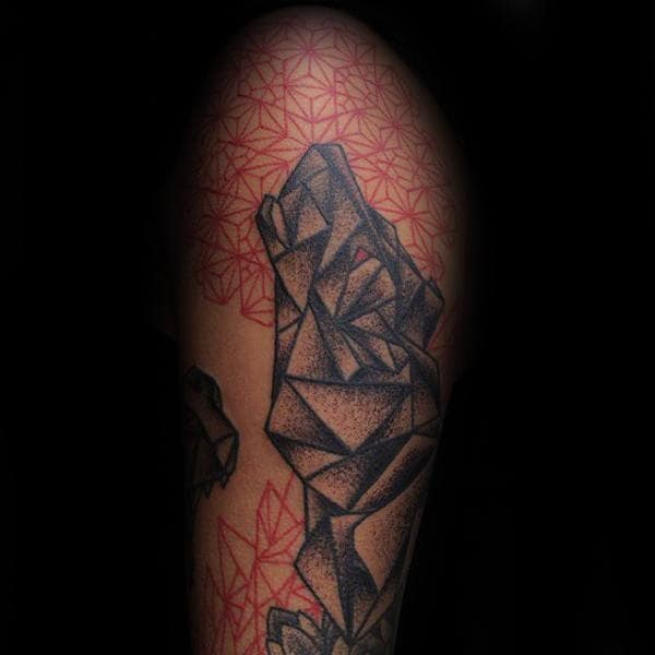 Abstract Red And Shaded Black Ink Geometric Wolf Upper Arm Male Tattoos