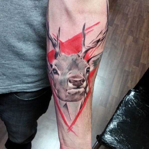 Abstract Red Background Mens Deer Head Tattoos On Inner Forearm