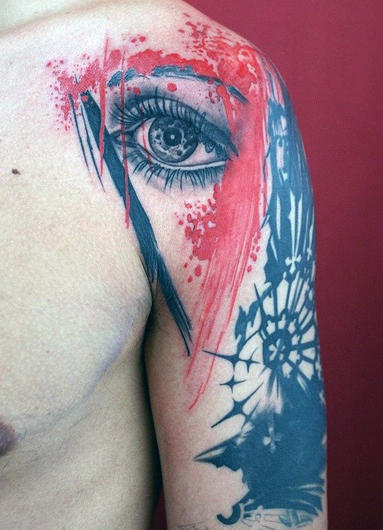 Abstract Red Ink Eye Mens Upper Arm Tattoos