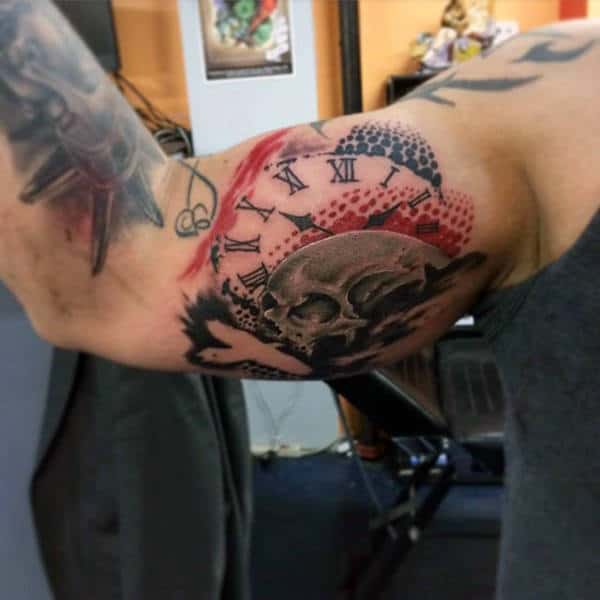 Abstract Skull And Clock Inner Arm Guys Tattoos