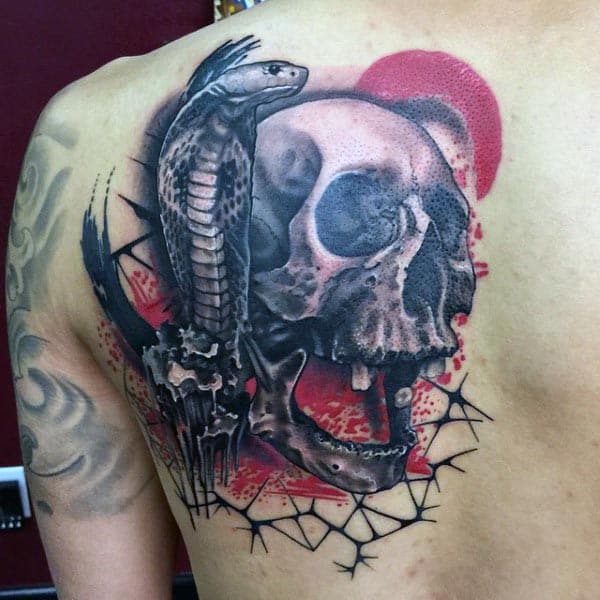 Abstract Skull Cobra Male Back Of Shoulder Tattoo