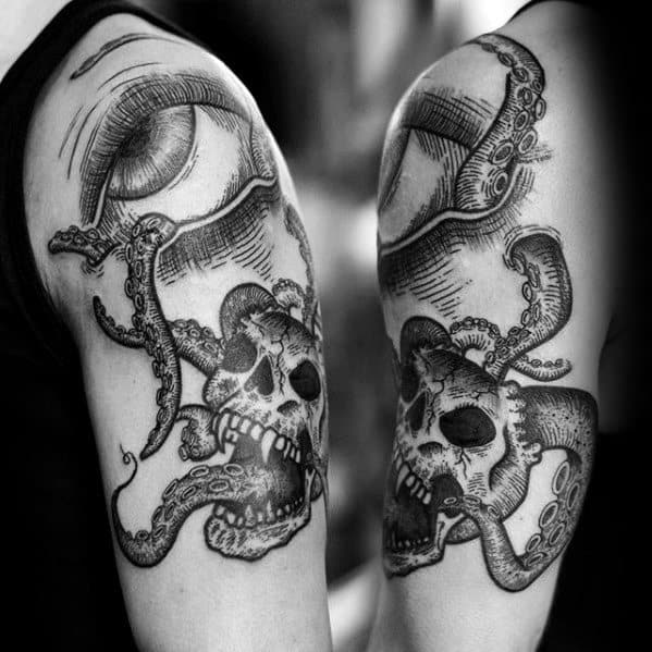 Abstract Skull With Eye And Octopus Tentacles Arm Tattoos For Men