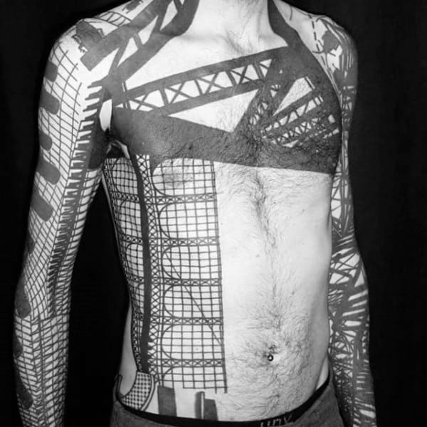 Abstract Structure Blackwork Mens Body Tattoo On Chest With Full Sleeves