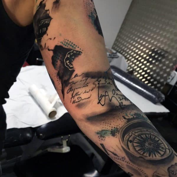 Abstract Travel Compass Tattoo On Mans Arm