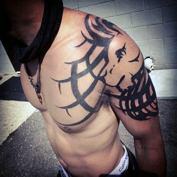 Abstract Tribal Lion Male Arm And Chest Tattoo