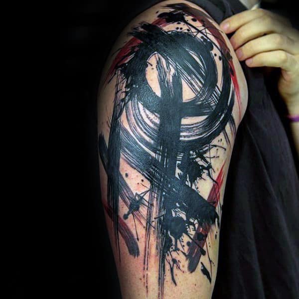 Abstract Upper Arm Black And Red Ink Brush Stroke Tattoos For Men