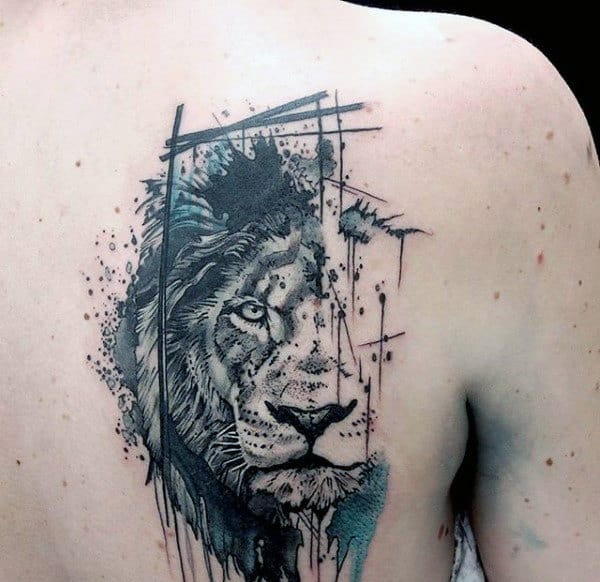Abstract Watercolor Male Lion Upper Back Tattoos