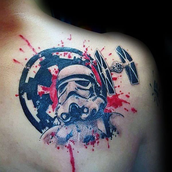 Abstract Watercolor Paint Splatter Mens Stormtrooper Upper Back Tattoos