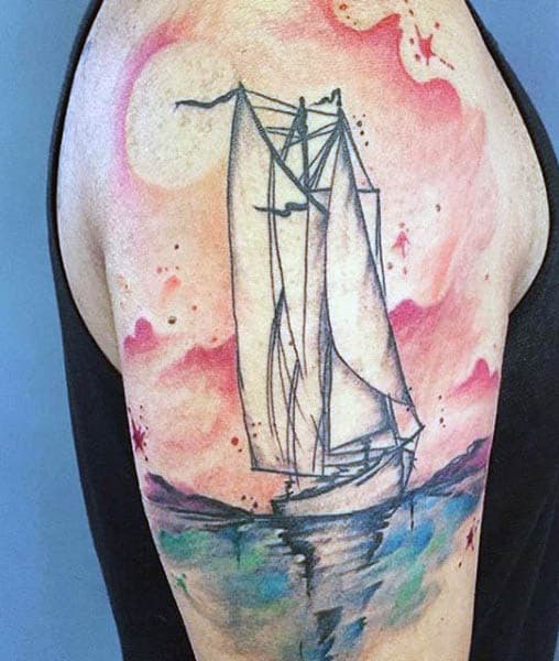 Abstract Watercolor Sailboat Tattoo For Men On Upper Arm