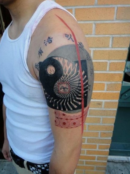 Abstract Yin Yang Tattoos For Men On Upper Arm With Red Ink Lne