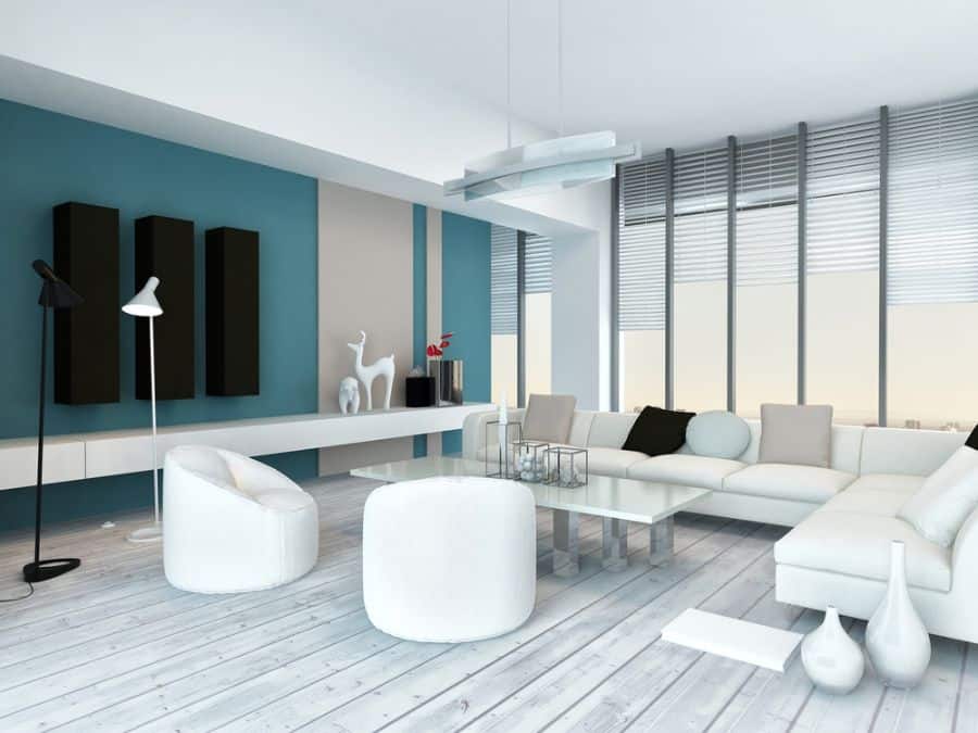 blue accent wall white sofa modern apartment living room