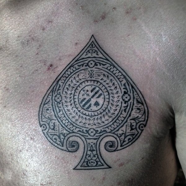 Ace Of Spades Tattoo With Middle Eastern Designs On Chest For Males