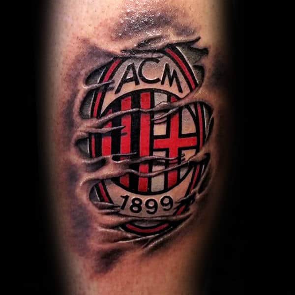 Acm Soccer Logo Mens Torn Skin Tattoo On Arms