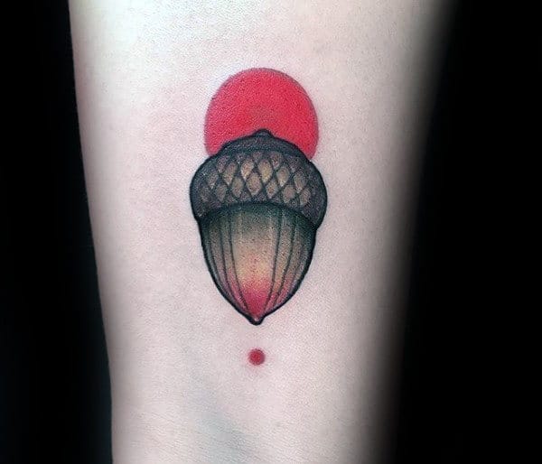 Acorn With Rising Sun Red Dot Mens Tattoos