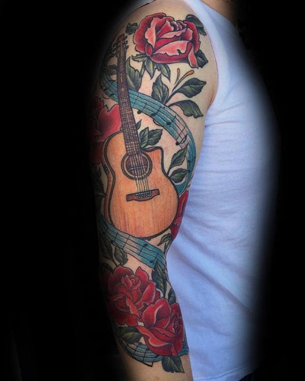 Acoustic Guitar Mens Floral Music Note Arm Tattoos