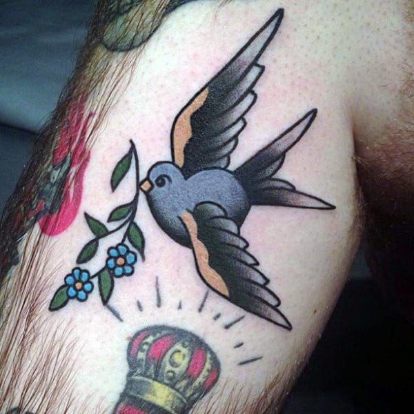 Adorable Sparrow With Flowers Tattoo Mens Upper Arms