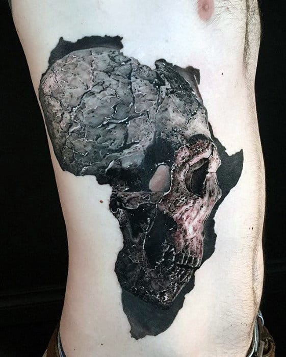 Africa Skull Hyper Realistic Guys Rib Cage Side Tattoo