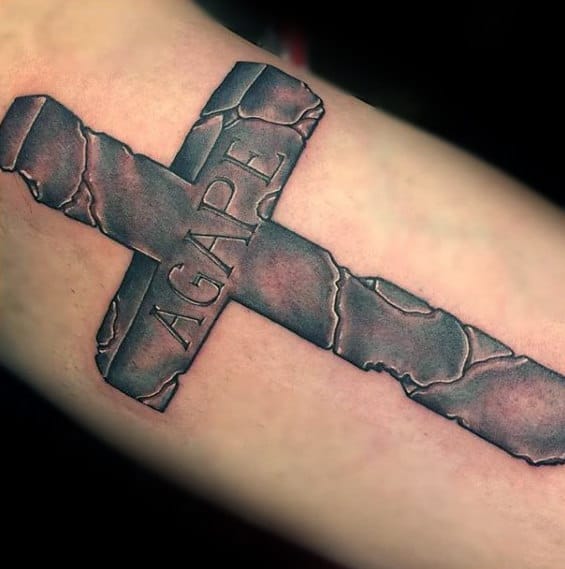 Agape Stone Cross 3d Mens Inner Forearm Tattoo