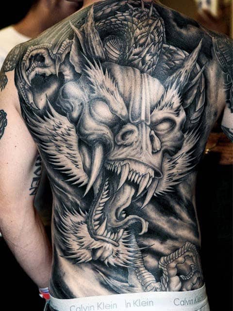 Agressive Dragon Male Full Back Shaded Tattoo Designs