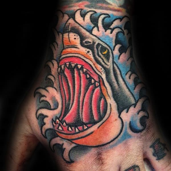 Agressive Shark Mens Traditional Hand Tattoo Ideas