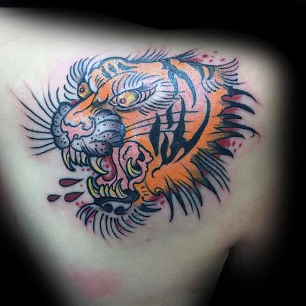 Agressive Tiger Mens Traditional Shoulder Tattoos