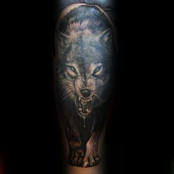 Agressive Wolf Guys Back Of Leg Realistic Tattoo Design Ideas