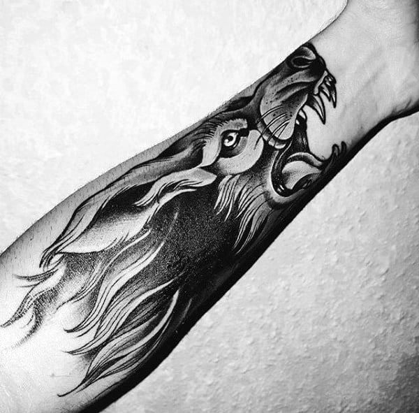 Agressive Wolf Mens Inner Forearm Tattoo