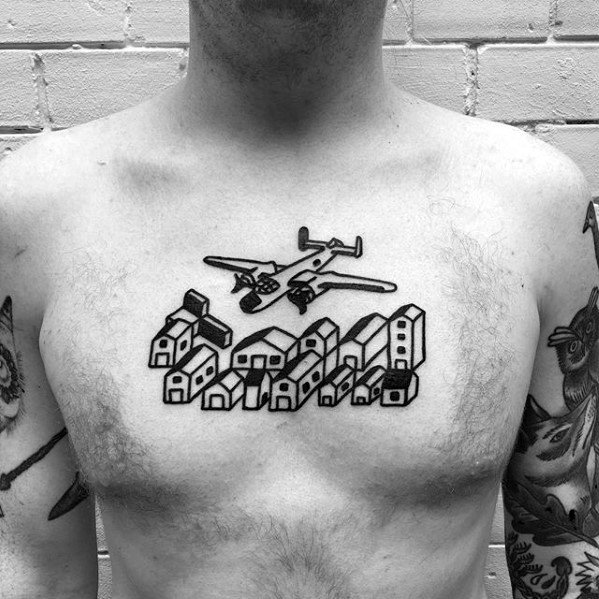 Airplane Flying Over City Guys Simple Chest Tattoo