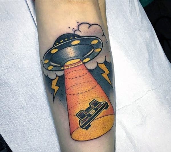Alien Space Ship With Delorean Mens Back To The Future Forearm Tattoo