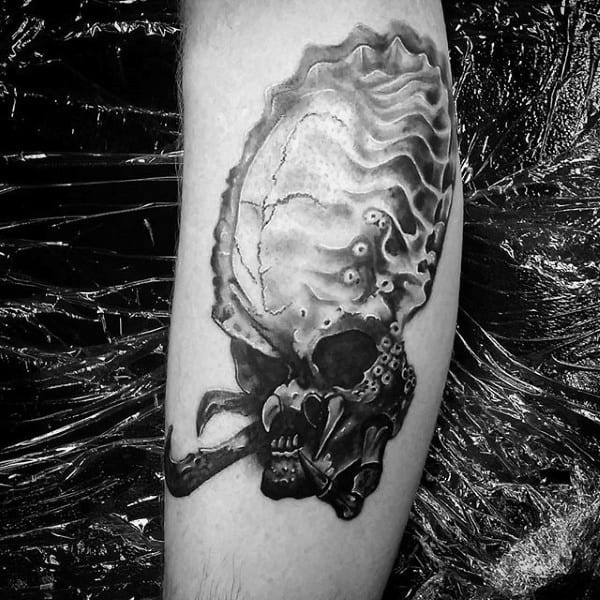 Alien Vs Predator Head Mens Leg Tattoo