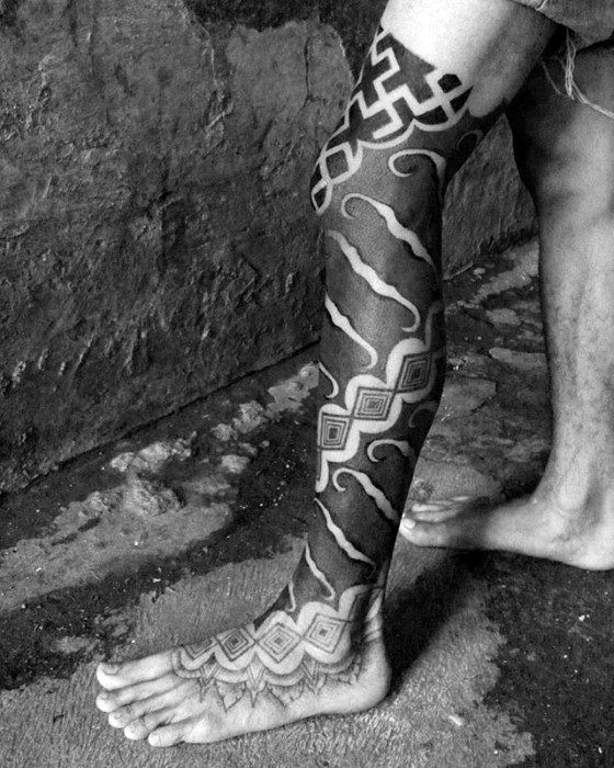 All Black Ink Mens Leg Sleeve Tattoo Designs