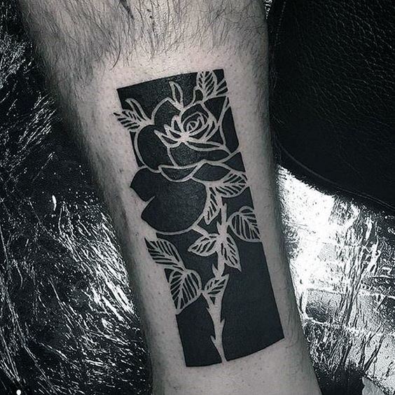 All Black Negative Space Rose Flower Mens Leg Tattoo