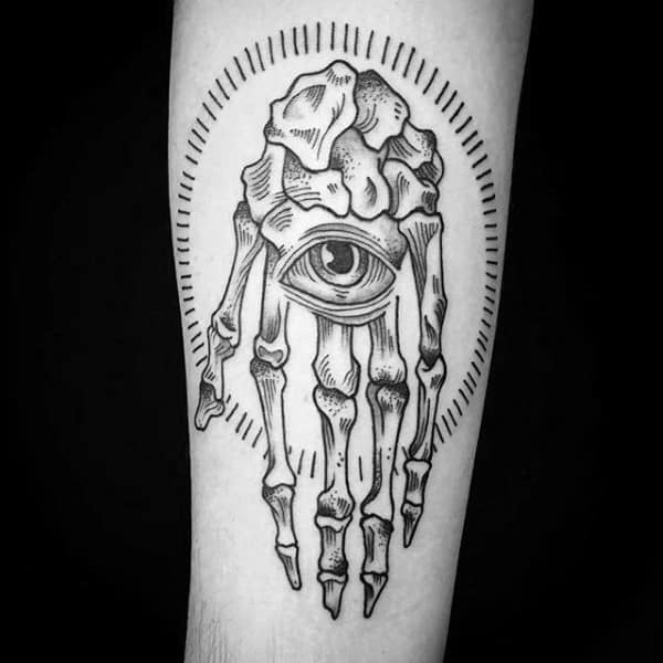 All Seeing Eye Skeleton Hand Mens Forearm Tattoos