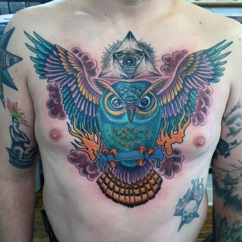 70 Owl Chest Tattoo Designs For Men - Nocturnal Ink Ideas