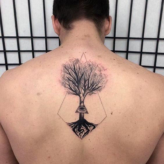 All Seeing Eye Tree Of Life Mens Upper Back Tattoos