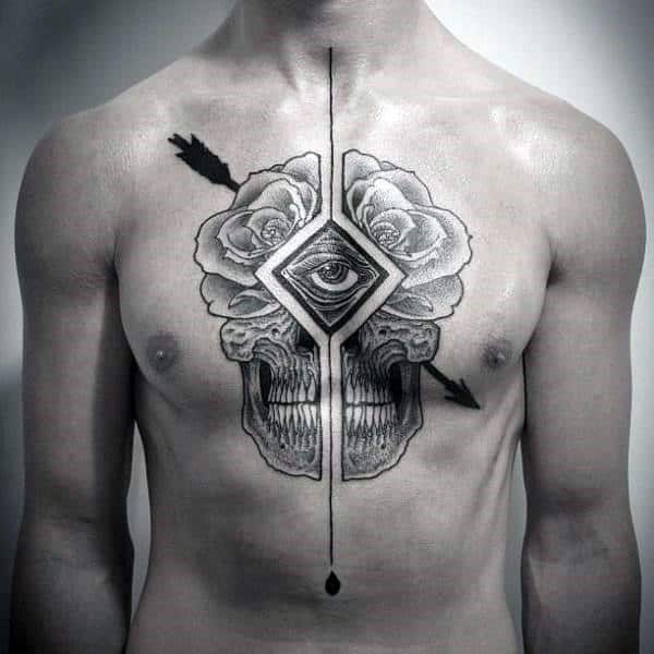 All Seeing Eye With Arrow And Skull Mens Geometric Chest Tattoos
