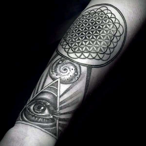 All Seeing Eye With Dotwork Design Male Flower Of Life Tattoos