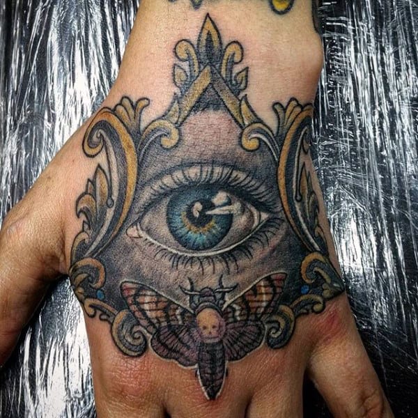 All Seeing Eye With Moth Mens Hand Tattoos