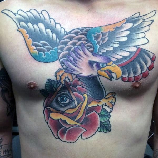 All Seeing Eye With Rose And Eagle Male Traditional Chest Tattoo Design