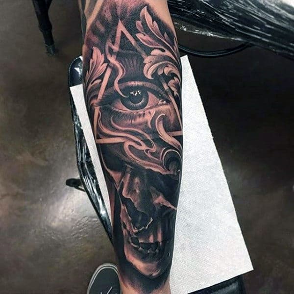 All Seeing Eye With Skull Inner Forearm Male Tattoos