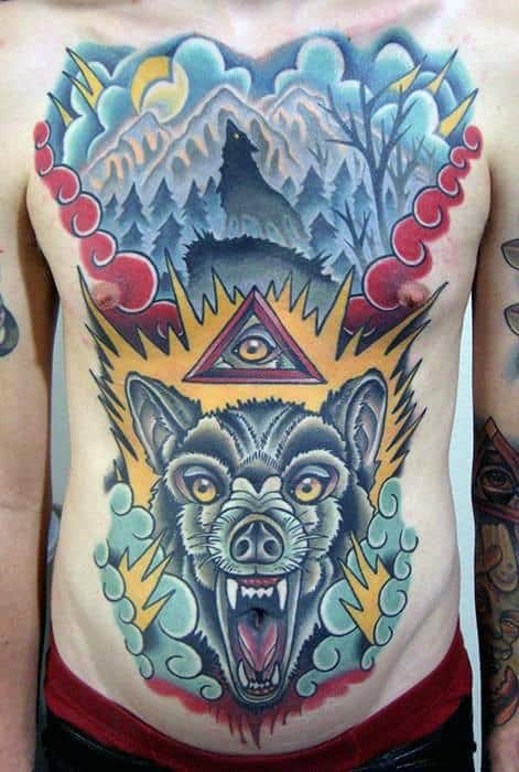 All Seeing Eye With Wolf Howling At The Moon Chest Tattoo On Gentleman