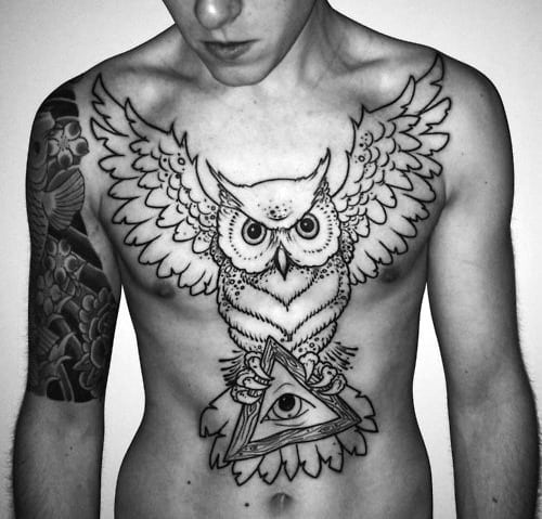 All Seeing Idea Triangle Owl Full Chest Tattoo Design Inspiration For Guys