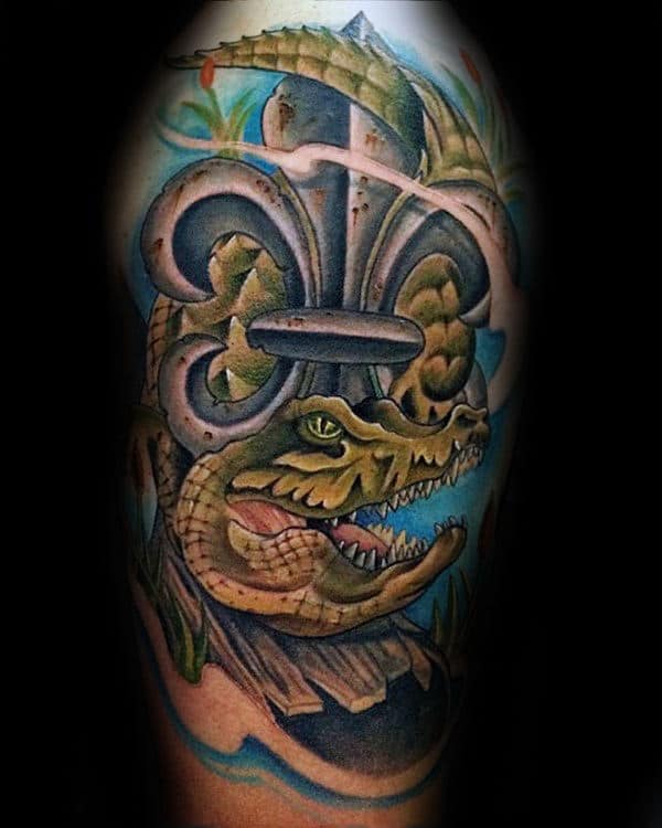 Alligator With Fleur De Lis Mens Half Sleeve Tattoo