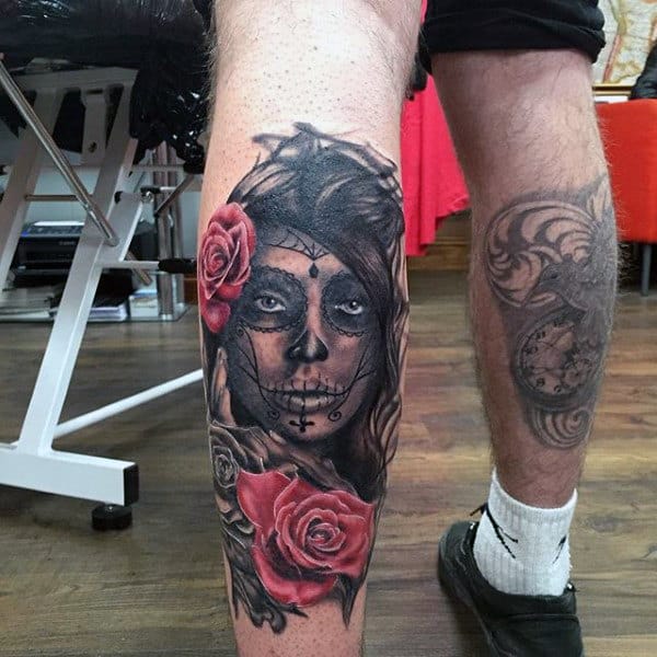 Alluring Day Of The Dead Lady And Red Roses Tattoo Guys Lower Legs