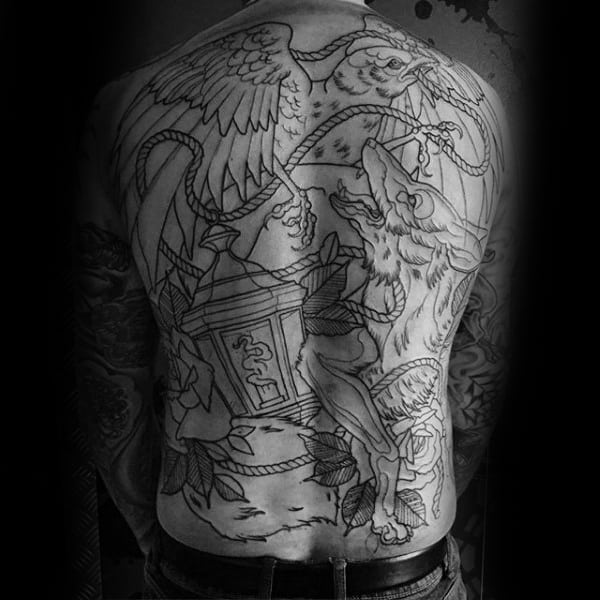 Amaing Male Full Back Tattoo Of Barking Dog Feathers And Rope