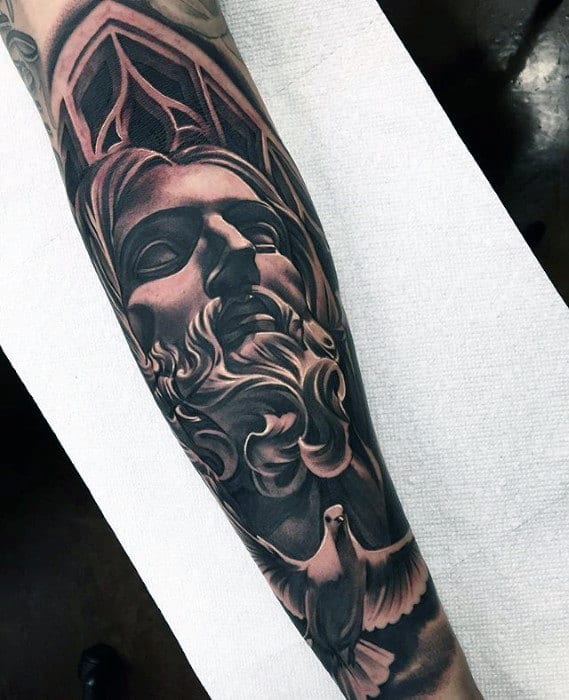 Amazing 3d Guys Jesus With Flying White Dove Forearm Tattoo