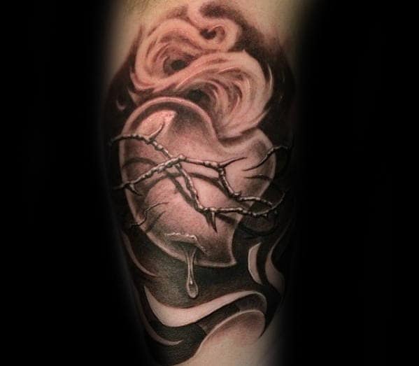 Amazing 3d Thorns Sacred Heart Guys Masculine Tattoo On Inner Arm Bicep