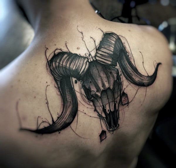 Amazing Aries Ram Skull Mens Back Tattoo